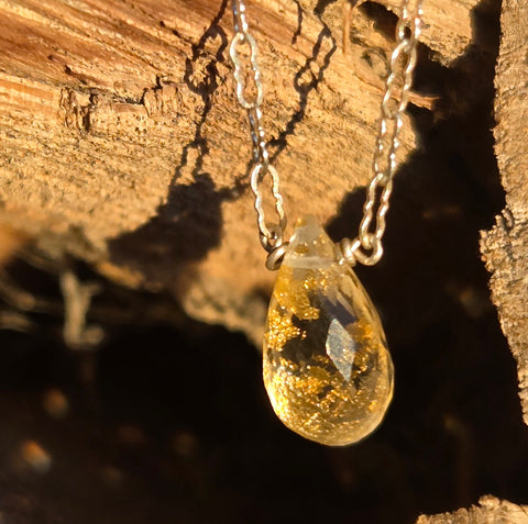 22K Gold Quartz Triplet Faceted Briolette Sterling Silver Necklace