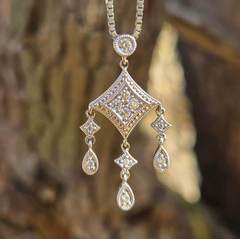 Antique Diamond 14K White Gold Dangle Necklace