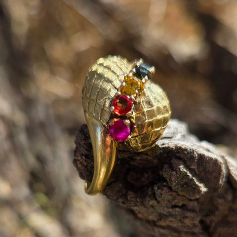 Rainbow Gemstone Engraved 18k Gold Antique Ring