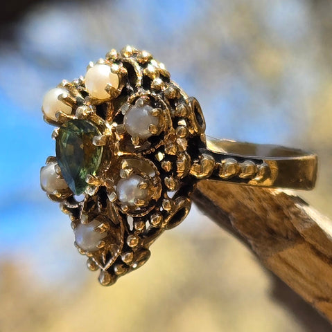 Parti Sapphire and Seed Pearl Antique Ring