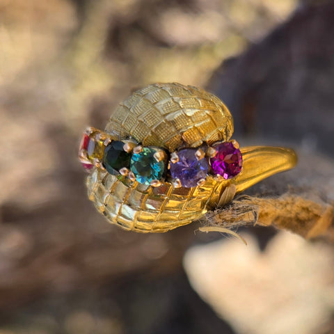 Rainbow Gemstone Engraved 18k Gold Antique Ring