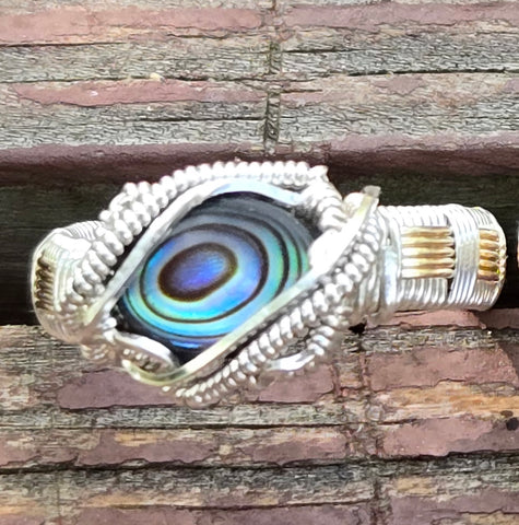 Abalone Shell Basket Weave Sterling Silver Ring