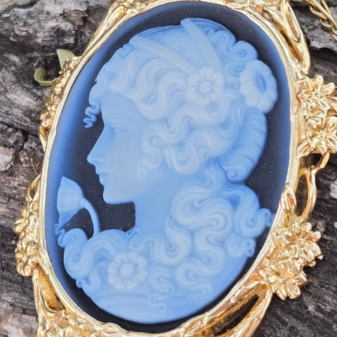 Antique 14K Gold Sapphire, Diamond and Banded Agate Cameo Pendant Brooch