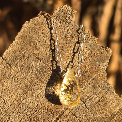 22K Gold Quartz Triplet Faceted Briolette Sterling Silver Necklace